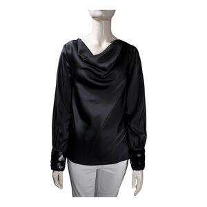 HALOGEN Sequin Cuff Satin Blouse – Black – Size M (NWT)